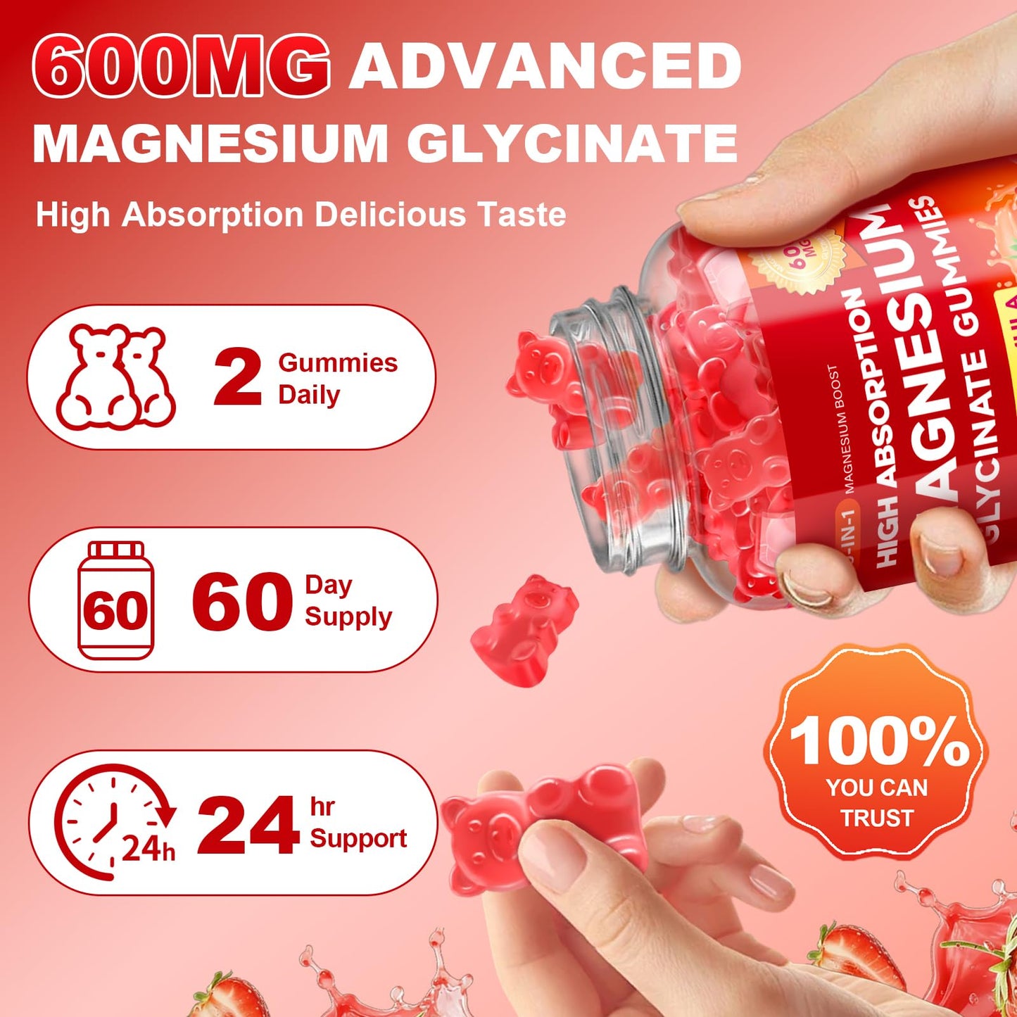Biokynt Magnesium Glycinate Gummies 600 mg Sugar Free Magnesium Supplement 120 Count