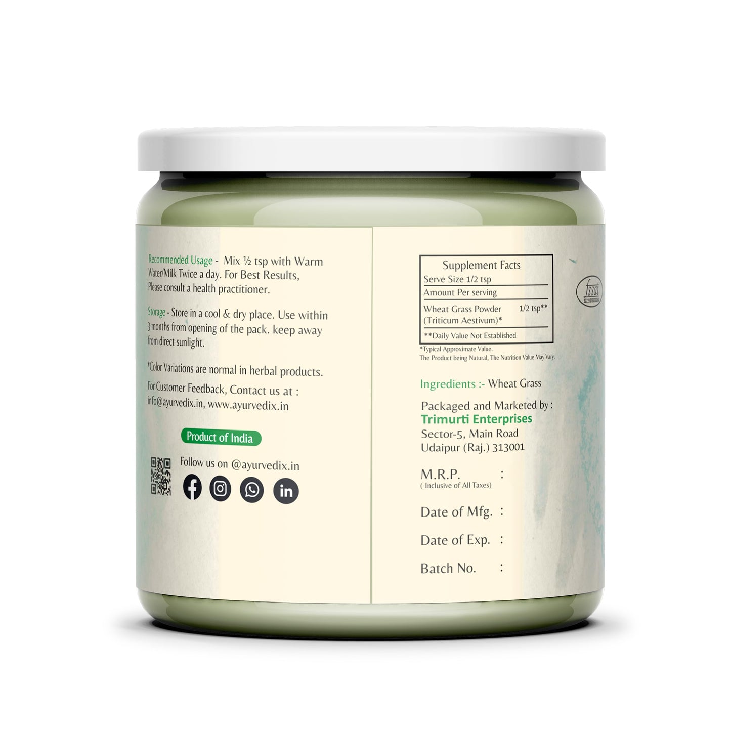 ayurvedix Organic Wheat Grass Powder 3.53 oz