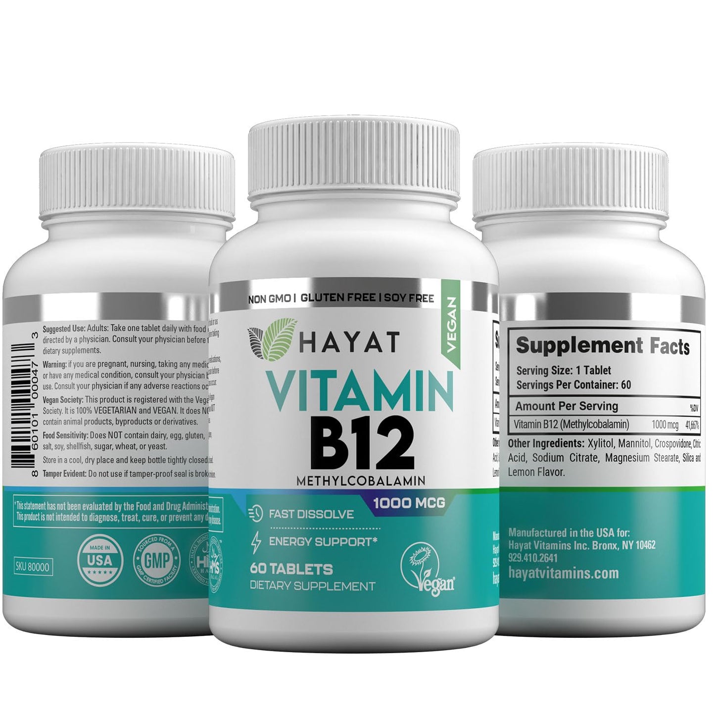 HAYAT Vegan Natural Vitamin B12 1000 mcg Tablets, 60 Count