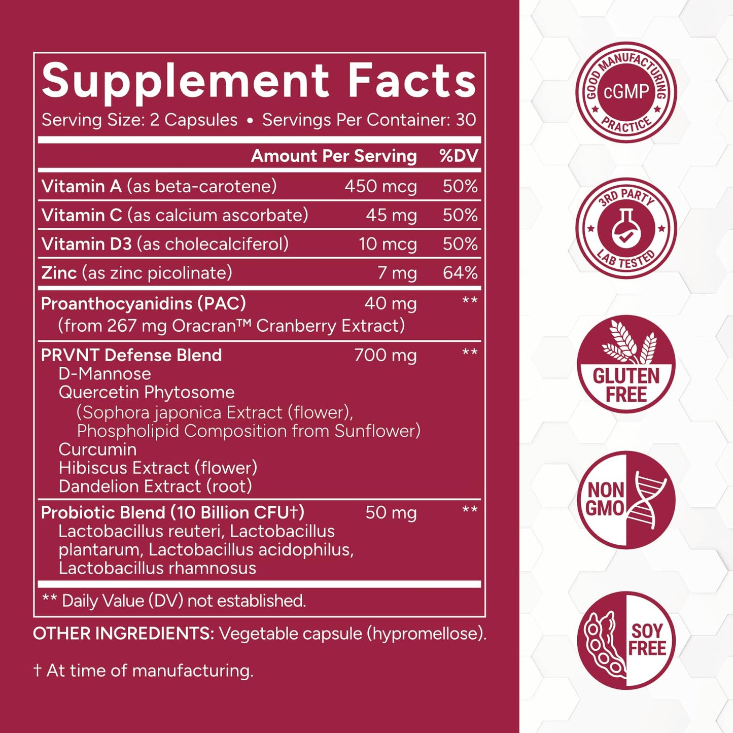 PRVNT Urinary Tract Defense with Cranberry PAC, D-Mannose, Probiotics & Vitamins, 60 Capsules