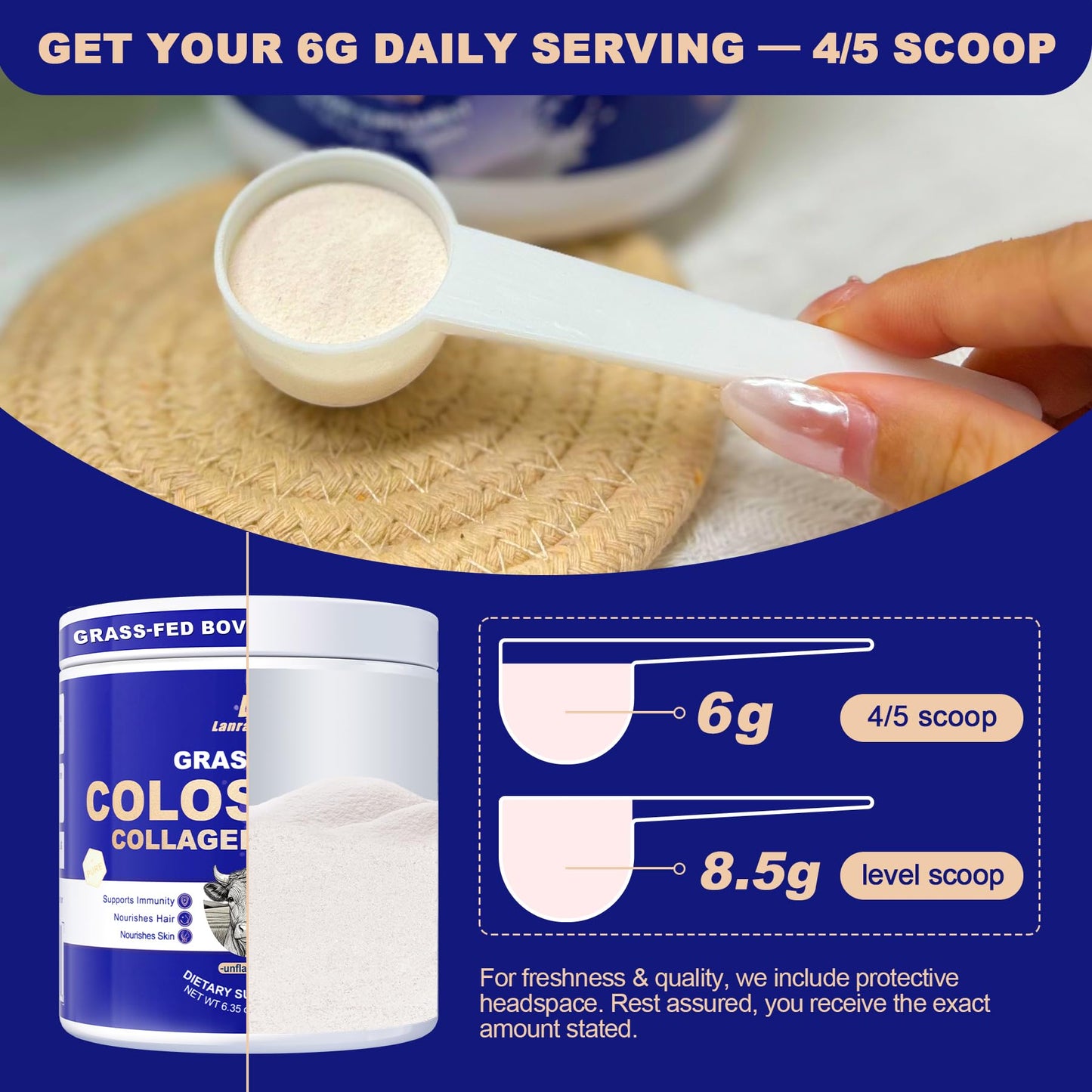 LanranBee Grass-Fed Bovine Colostrum Collagen Powder with Probiotics, Hydrolyzed Collagen Peptides, Sugar Free, 4.5