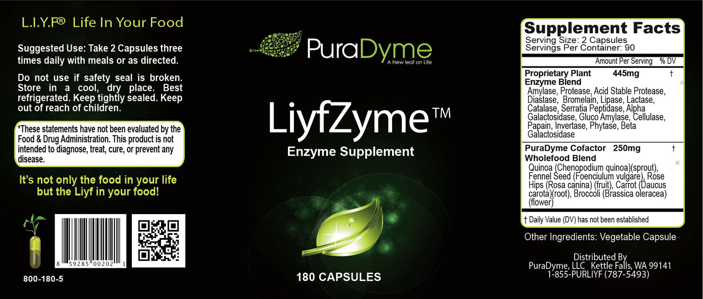 PuraDyme LiyfZyme Plant Based Digestive Enzyme Supplement Capsule 180 Count
