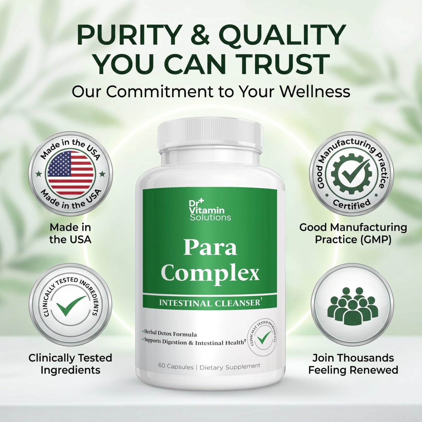 DR VITAMIN SOLUTIONS Para Complex Intestinal Cleanser – Wormwood, Black Walnut, Clove & Pau d'Arco Cleanse for Humans – Herbal Detox Formula with Garlic, Pumpkin Seed, Cranberry & Zinc, Non-GMO, 60 Capsules