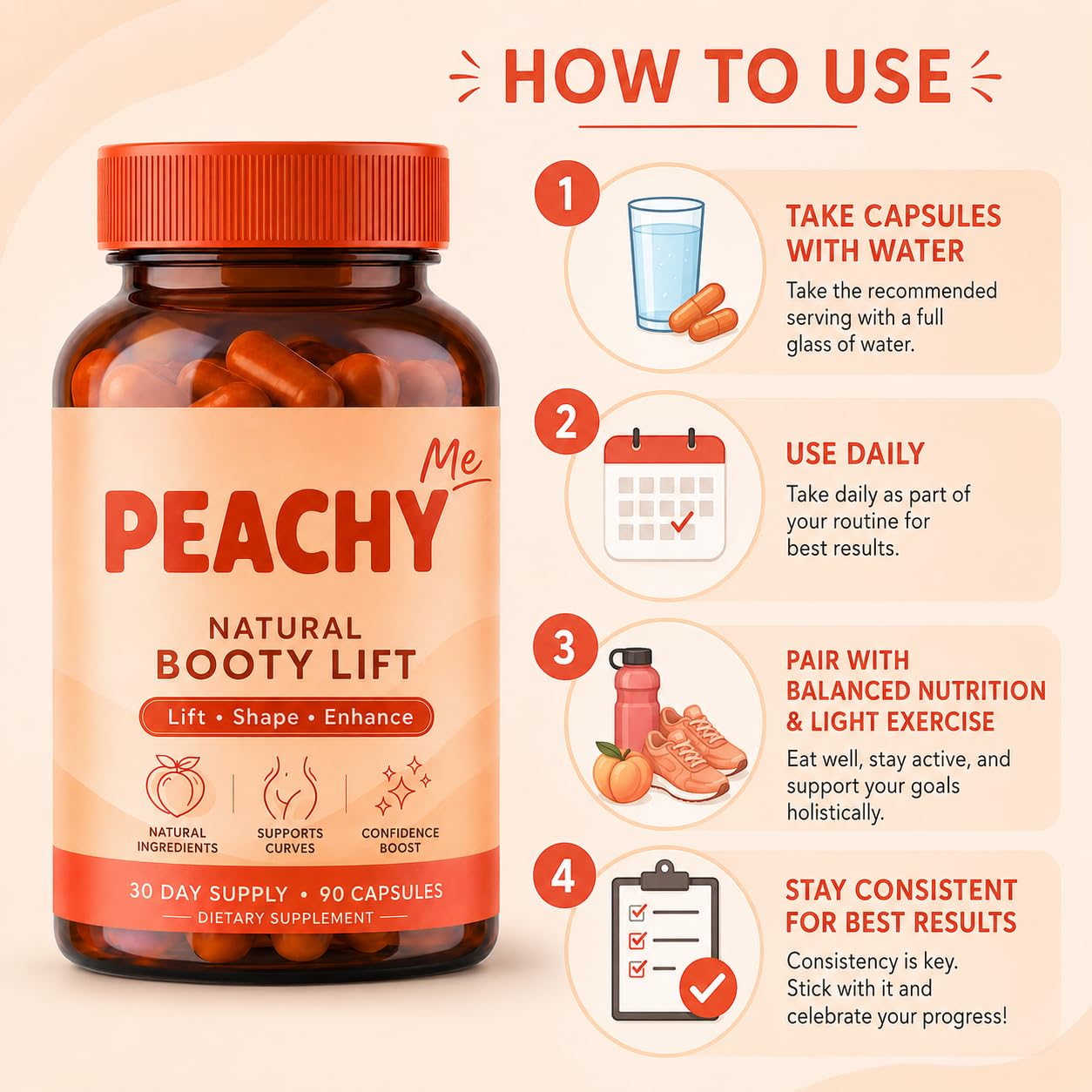 Cosmody Peachy Me BBL Pills Natural Booty Lift Capsule 90 Count