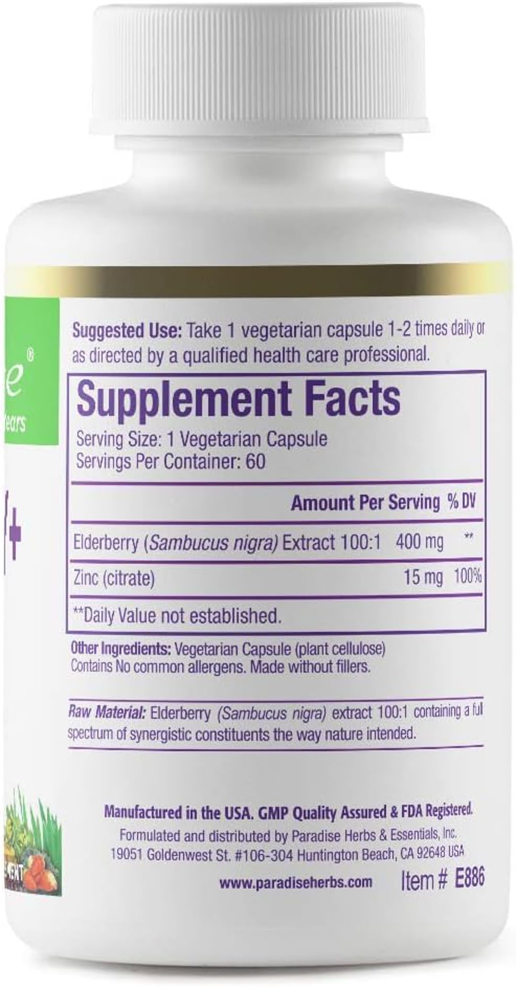 Paradise Herbs Elderberry with Zinc Extract Capsules 60 Count