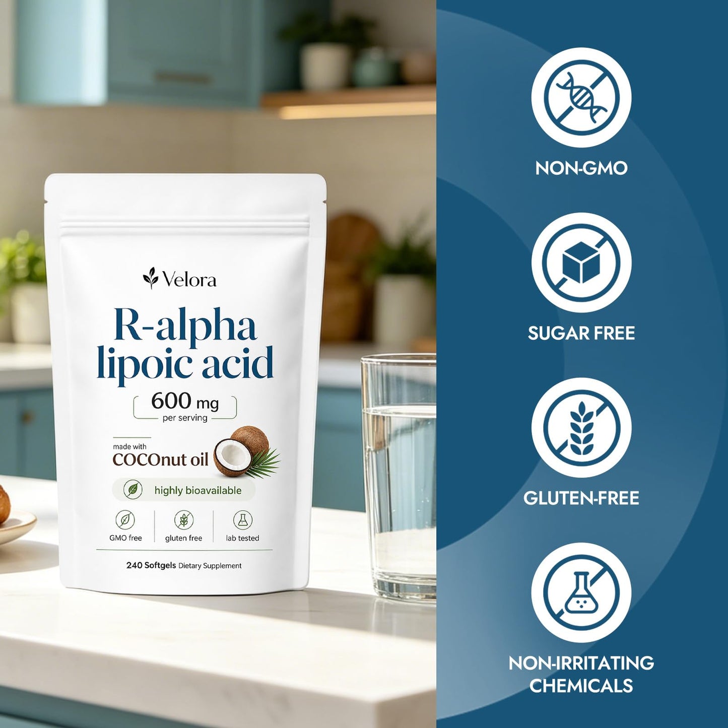 RESONA Velora R-Alpha Lipoic Acid with Coconut Oil Capsules 240 Count