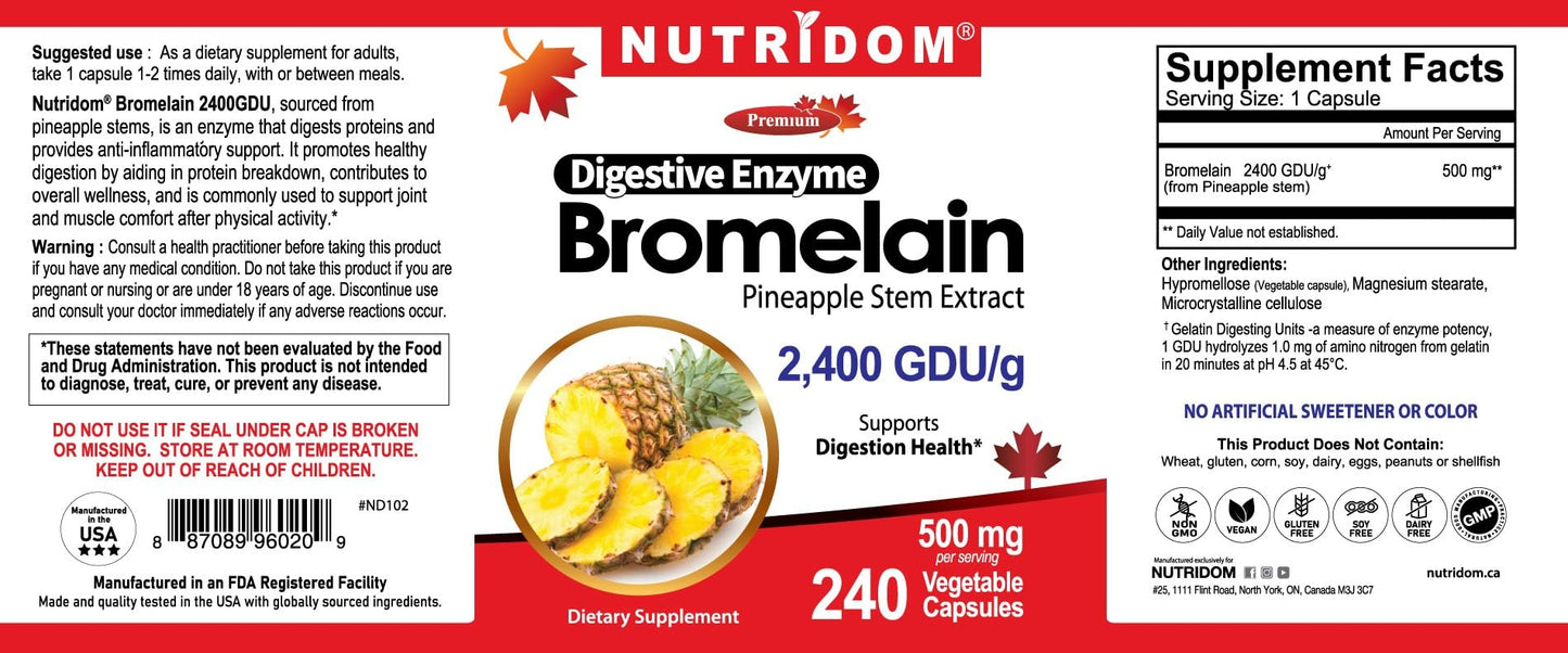 Nutridom Bromelain 2400 GDU/g – 500 mg Digestive Enzyme from Pineapple Stem Extract – Supports Protein Digestion – Non-GMO, Vegan, Gluten Free – 240 Capsules
