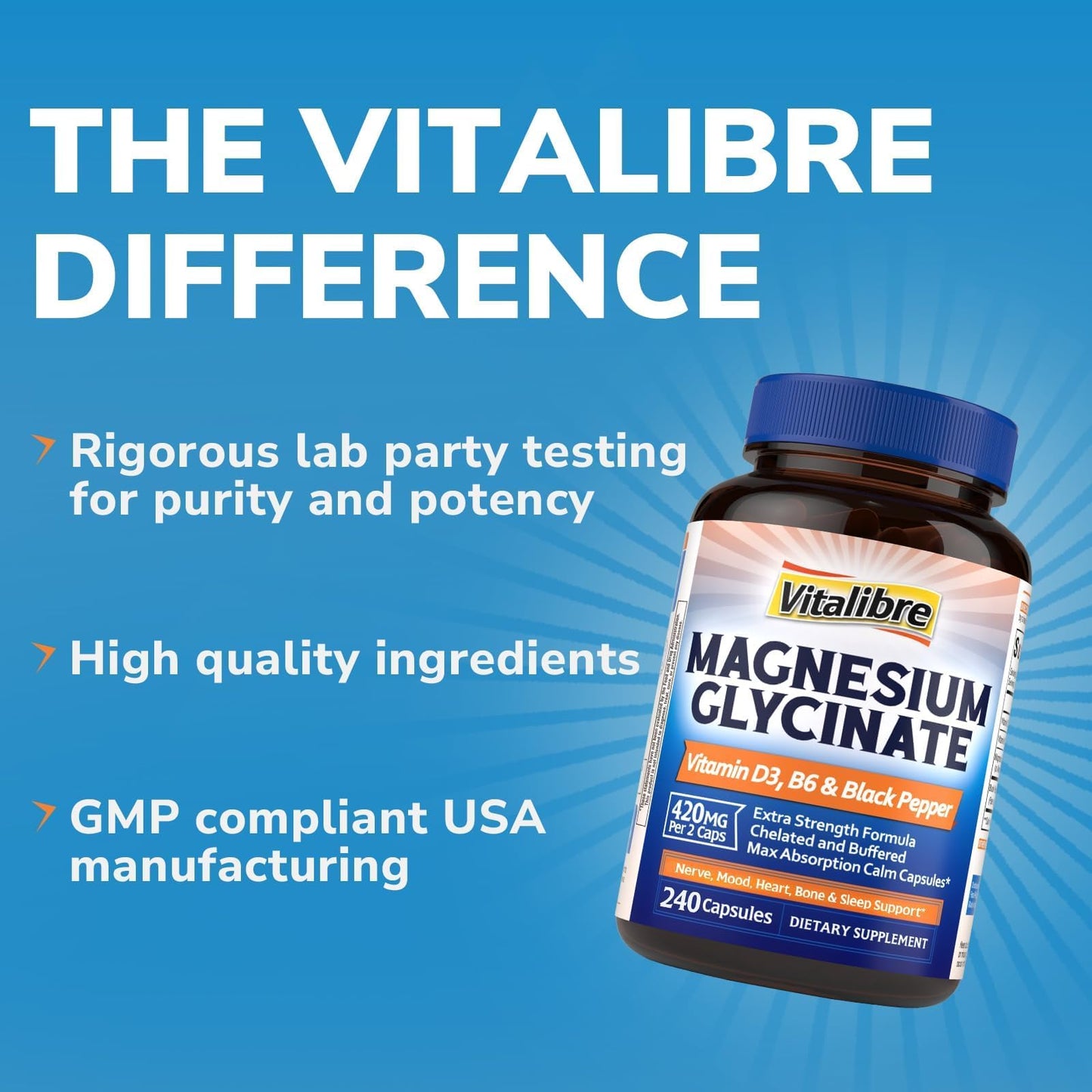 Vitalibre Magnesium Glycinate 420mg with Vitamin D3 & B6, 240 Vegan Capsules