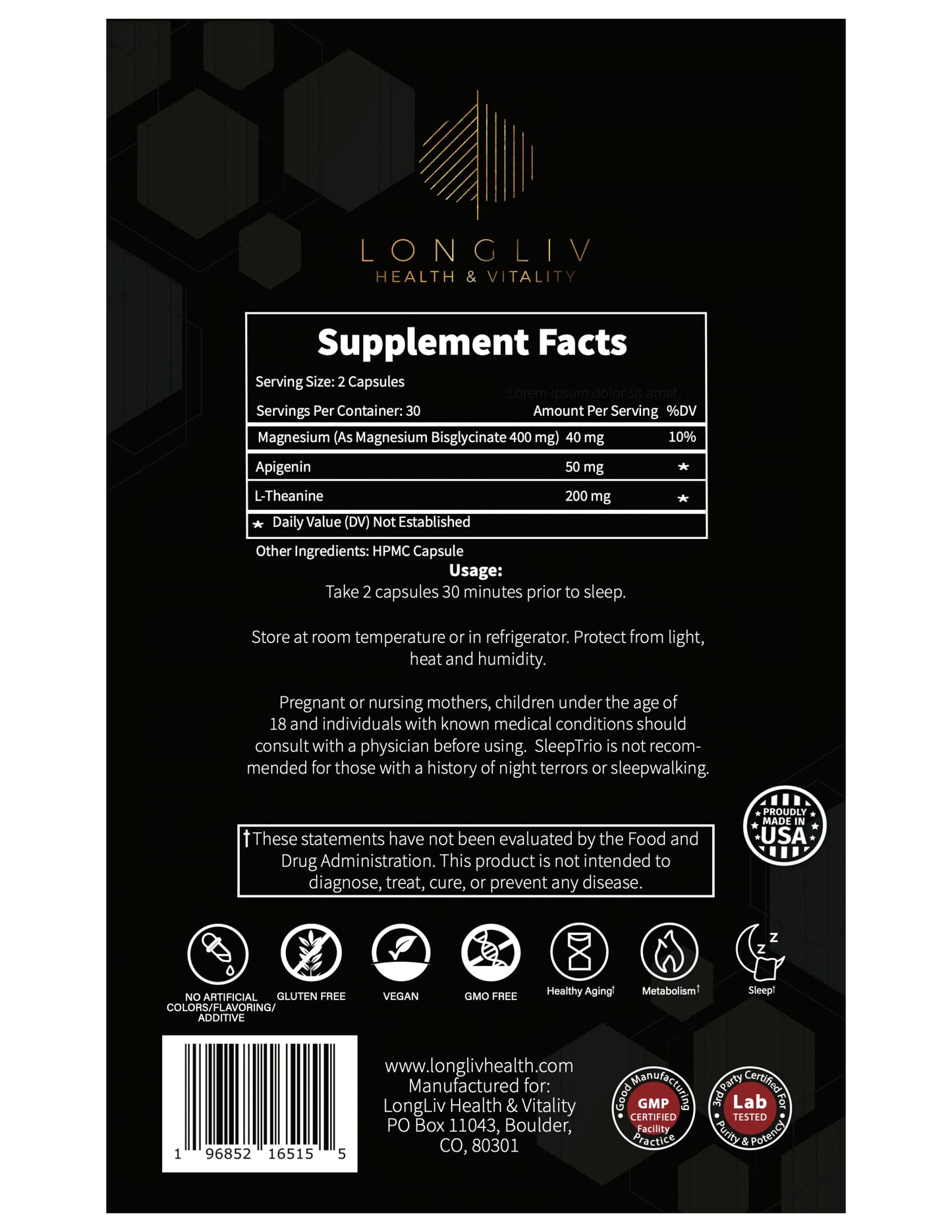 LongLiv Health and Vitality Sleep Trio Magnesium Apigenin L-Theanine Capsules, 60 Count