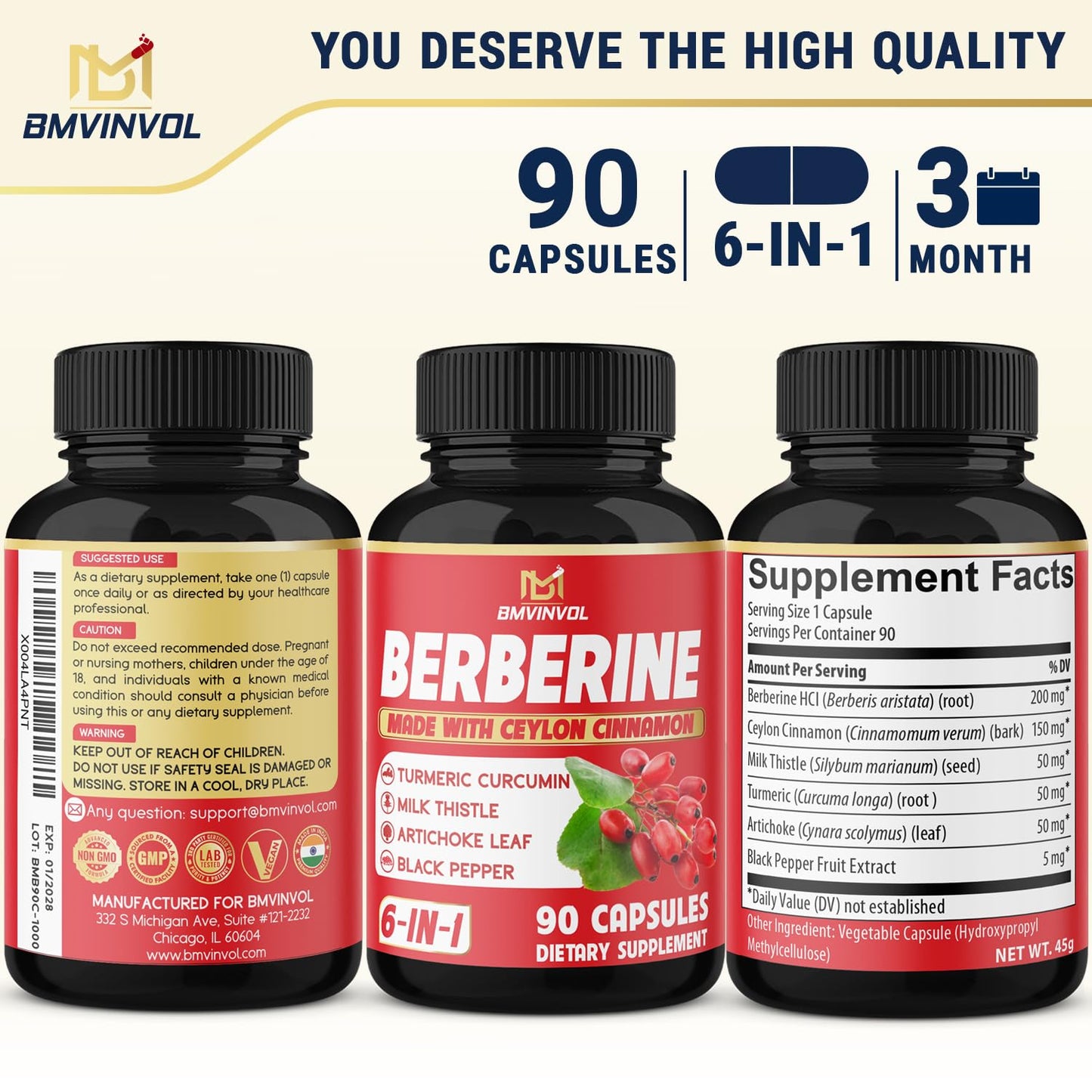 BMVINVOL Berberine, Ceylon Cinnamon, Turmeric, Milk Thistle, Artichoke, Black Pepper Capsules 90