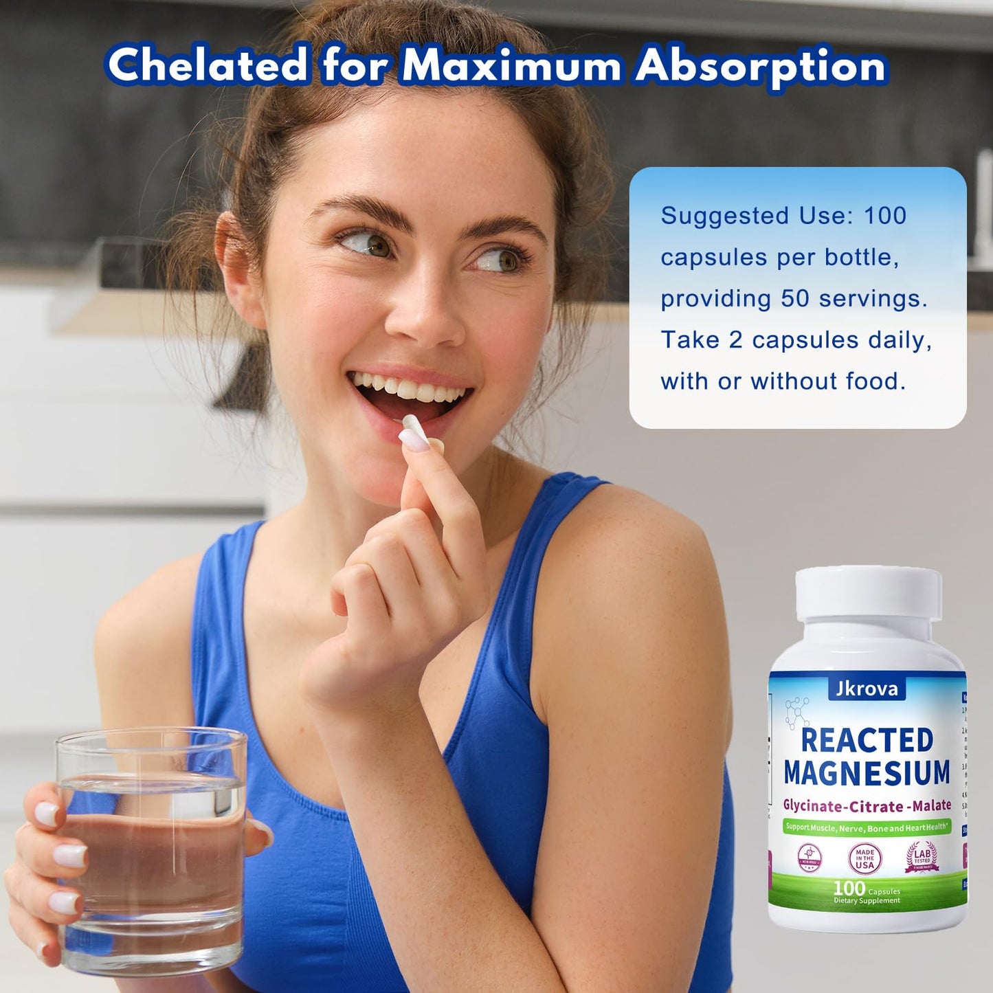 Jkrova Reacted Magnesium & Potassium - High Absorption Magnesium Supplement with Magnesium Citrate, Glycinate, Malate Capsule, 100 Capsules
