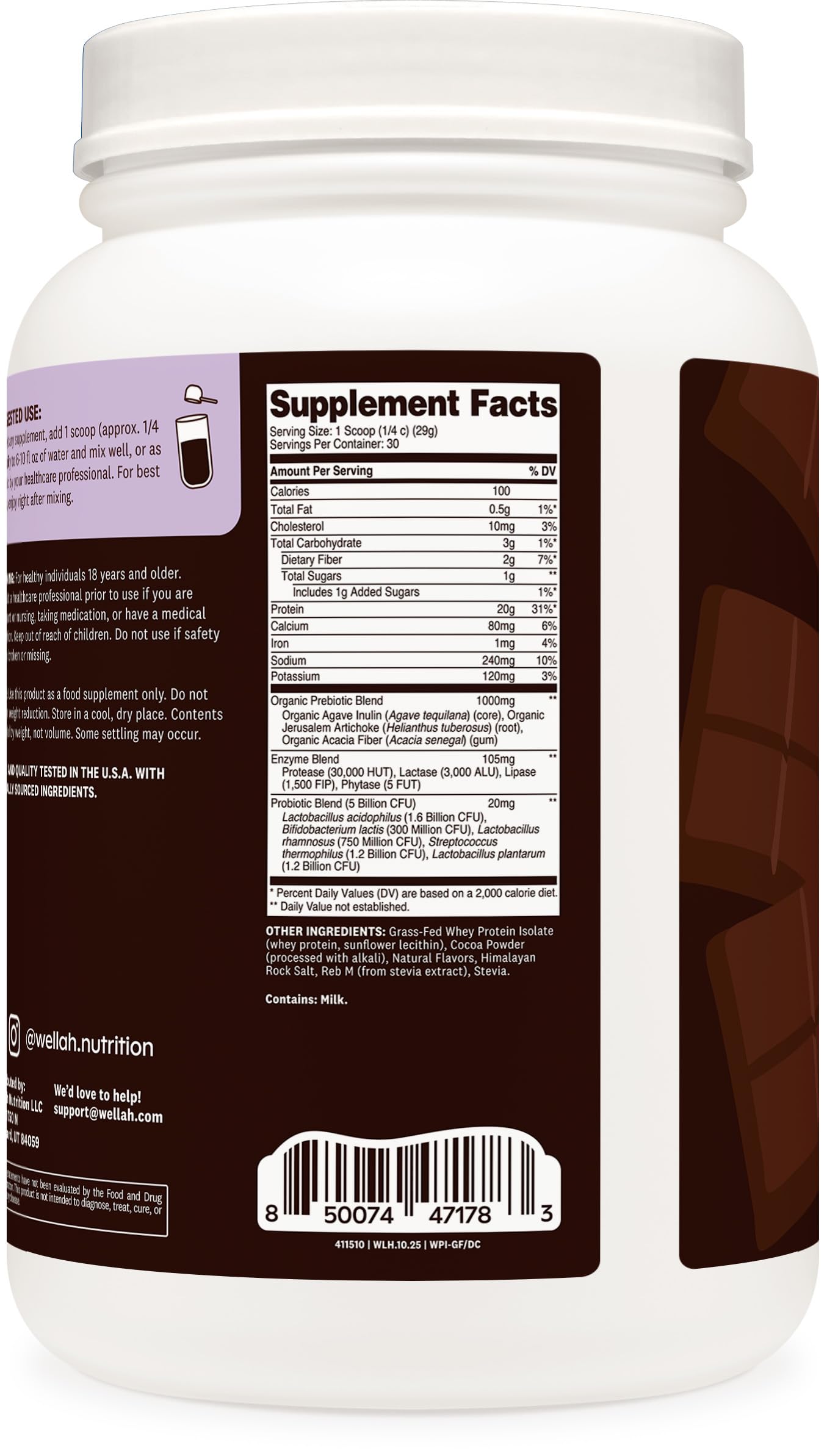 Wellah Grass-Fed Whey Protein Isolate Powder (Dark Chocolate) 31.1 oz