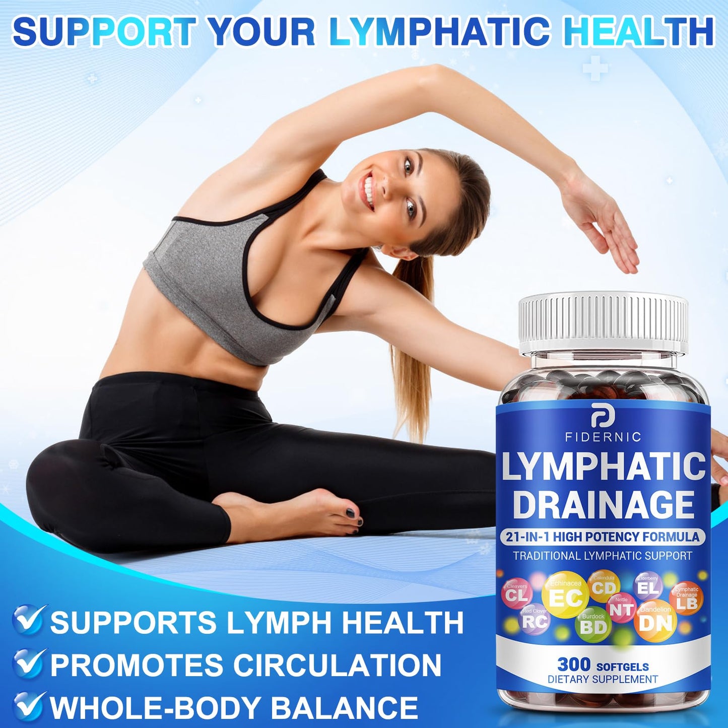 FIDERNIC Lymphatic Drainage Supplement — Lymph System Support 21-in-1 Herbal Blend Softgels 300
