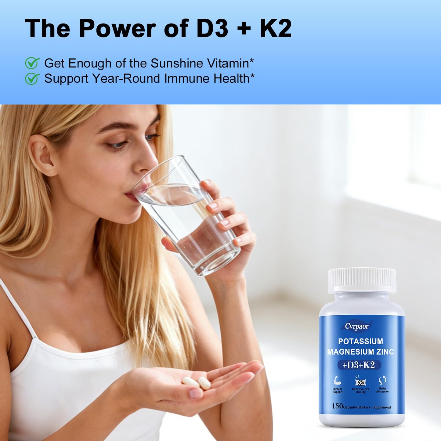 Cvrpaor Potassium Magnesium Supplement with Vitamin D3 K2 Capsule 150 Counts