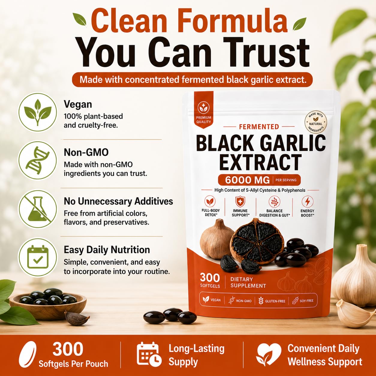 LumiLight Fermented Black Garlic Organic Extract, 300 Softgels