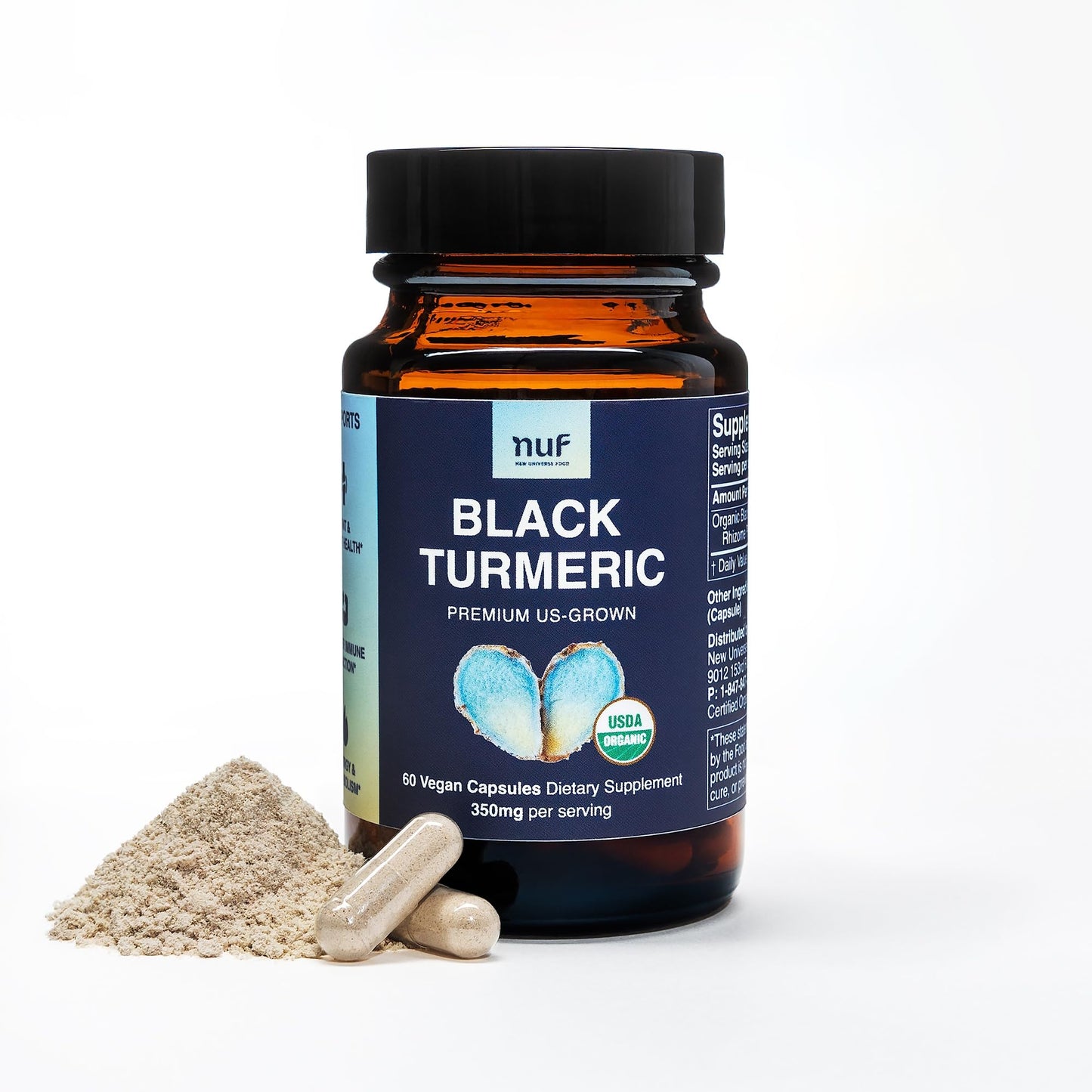 New Universe Food Organic Black Turmeric 350mg Whole Root Vegan Capsules, 60 Capsules