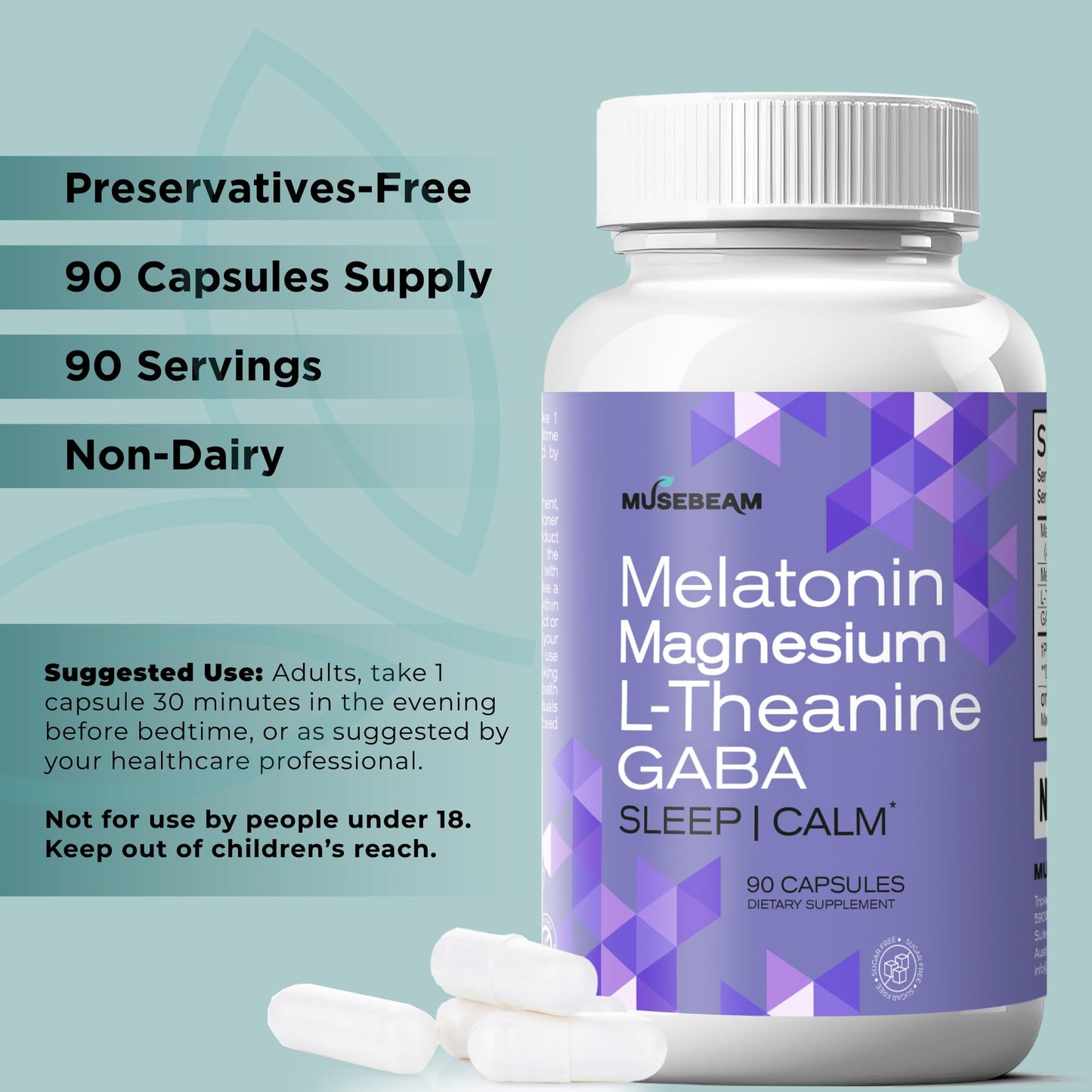 MuseBeam Magnesium Glycinate 275mg Melatonin 5mg L-Theanine 200mg GABA 100mg Capsules - Sleep Support 90 Count