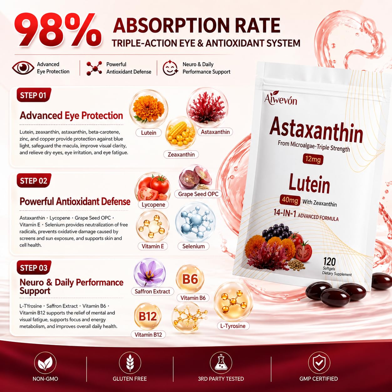 Aiwevon Astaxanthin 14-in-1 with Lutein & Zeaxanthin Softgels, 120 Softgels