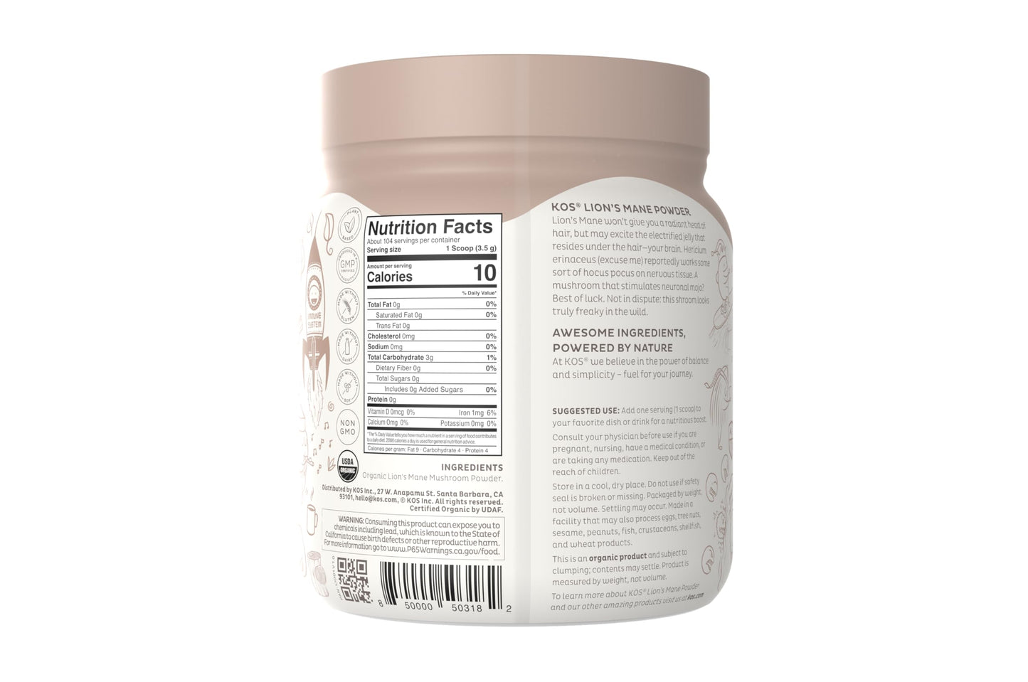 KOS Organic Lion's Mane Powder 12.84 Ounce