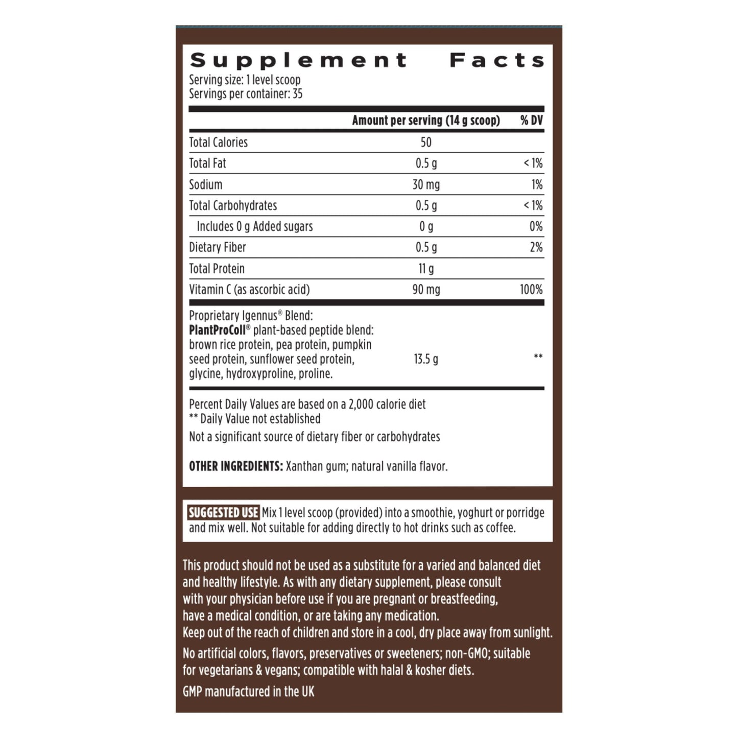 Igennus Healthcare Nutrition Advanced Vegan Vanilla Collagen Peptide Powder 17.5 Servings