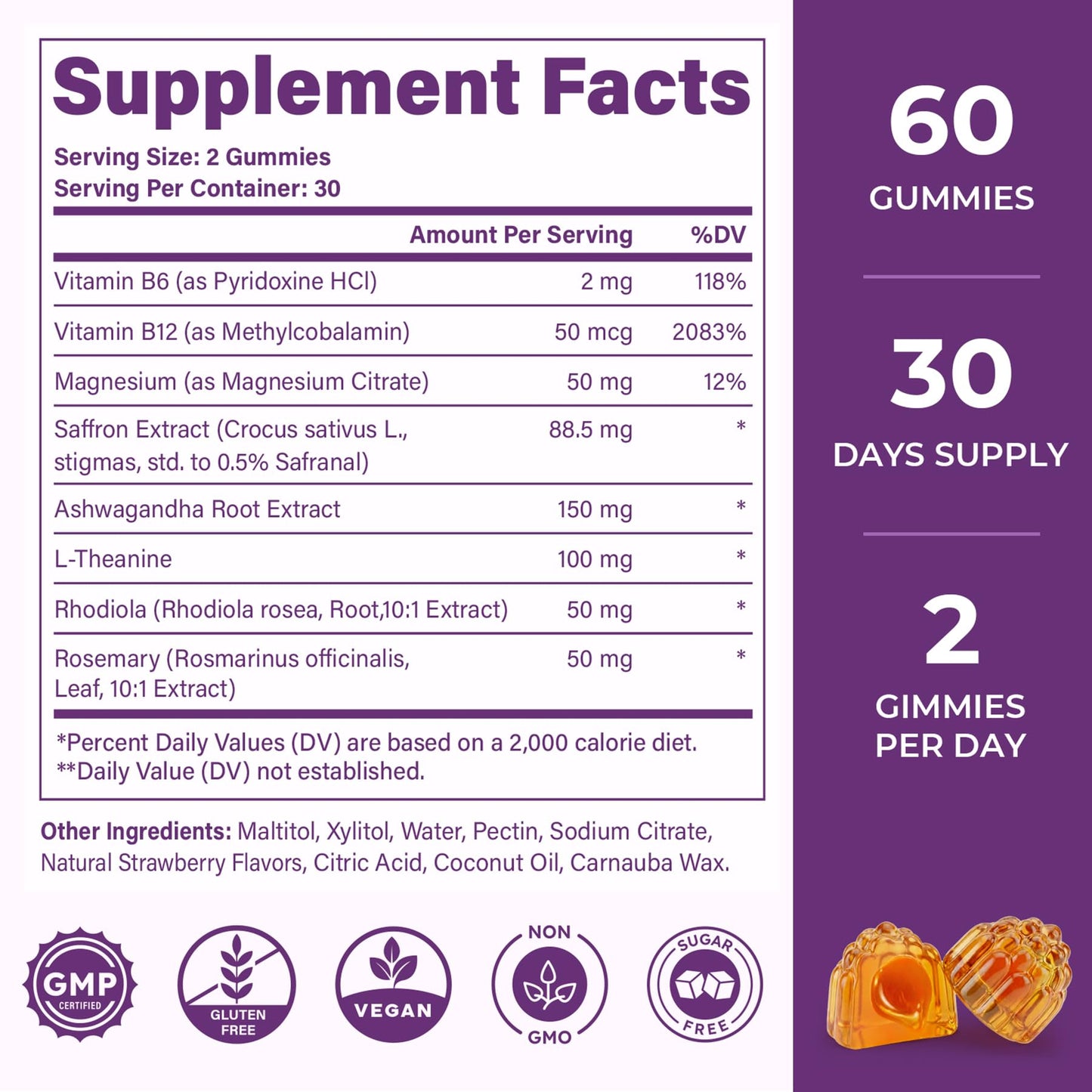 VEGETUSMAX Saffron Gummies 88.5mg Saffron Extract with Magnesium, Ashwagandha, L-Theanine, Rhodiola, Rosemary, Vitamin B6, B12 for Mood, Focus, Calm, 60 Gummies