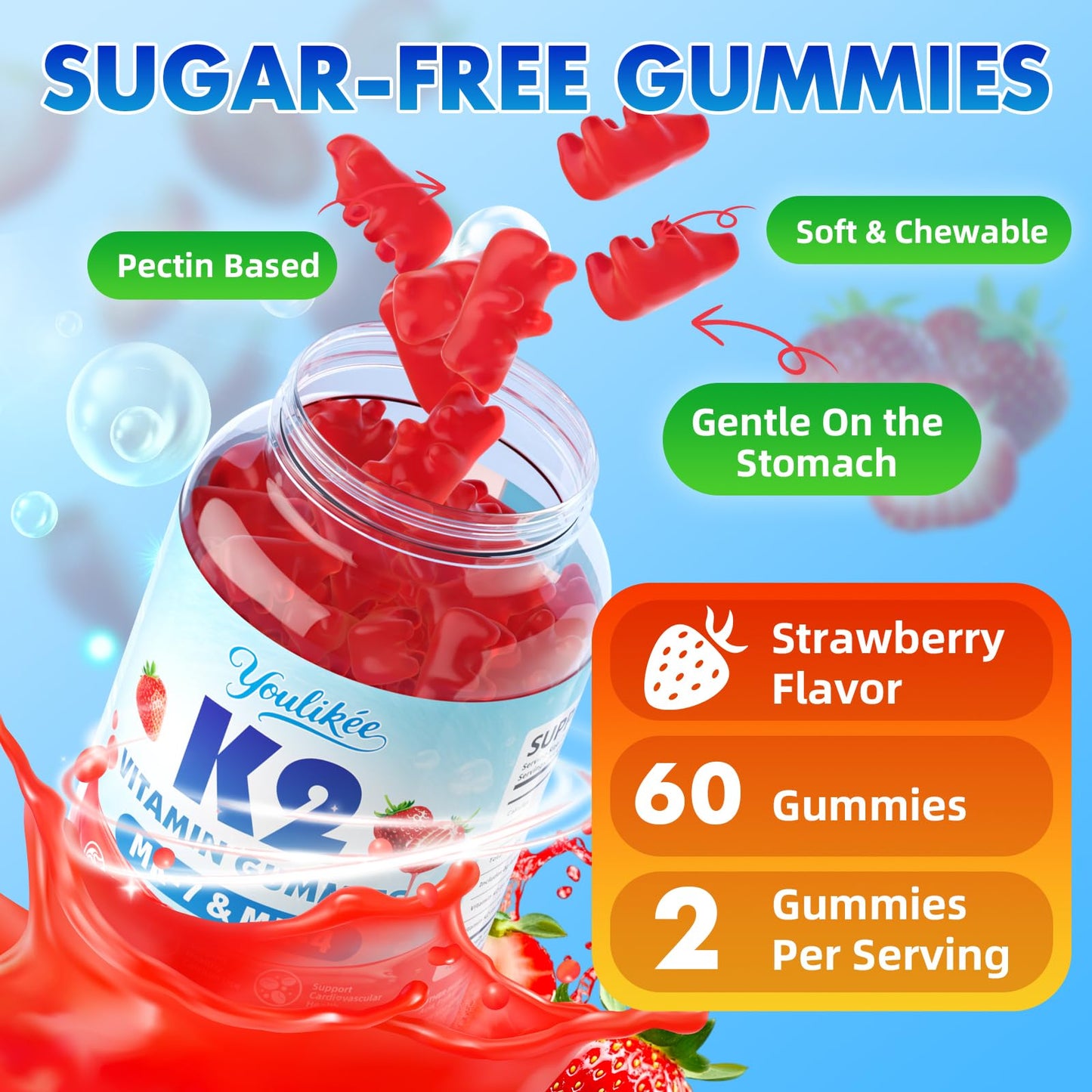 Youlikee Vitamin K2 Gummies Dual Formula Vitamin K2 Supplement with MK-7 & MK-4, 60 Gummies