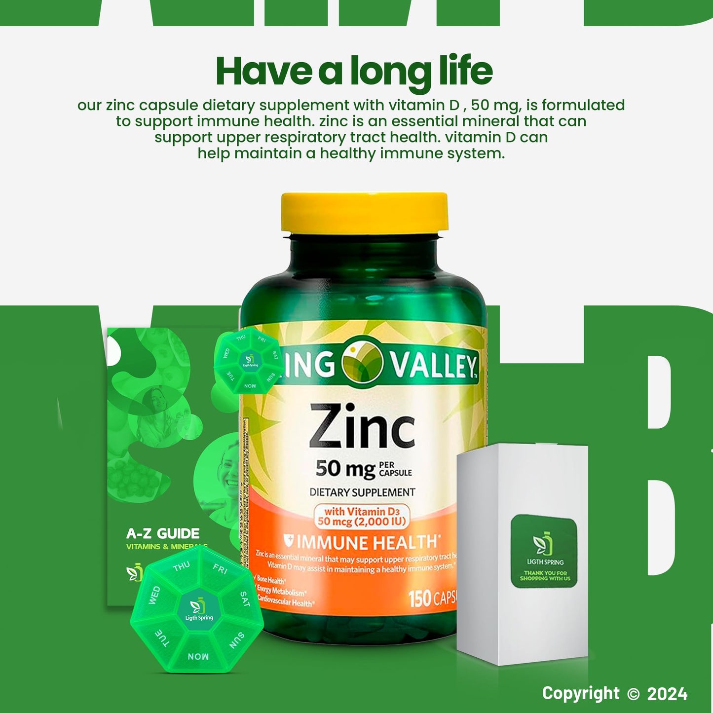 LightSpring Zinc Supplement 50mg with Vitamin D3 50 mcg (2,000 IU) Capsule 150 Count