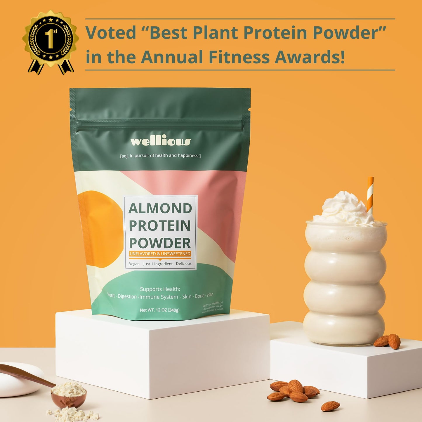 wellious Almond Protein Powder 3-Pack (Vanilla, Chocolate, Unflavored) - 18 g Vegan Protein Powder - Gluten-Free, Soy-Free