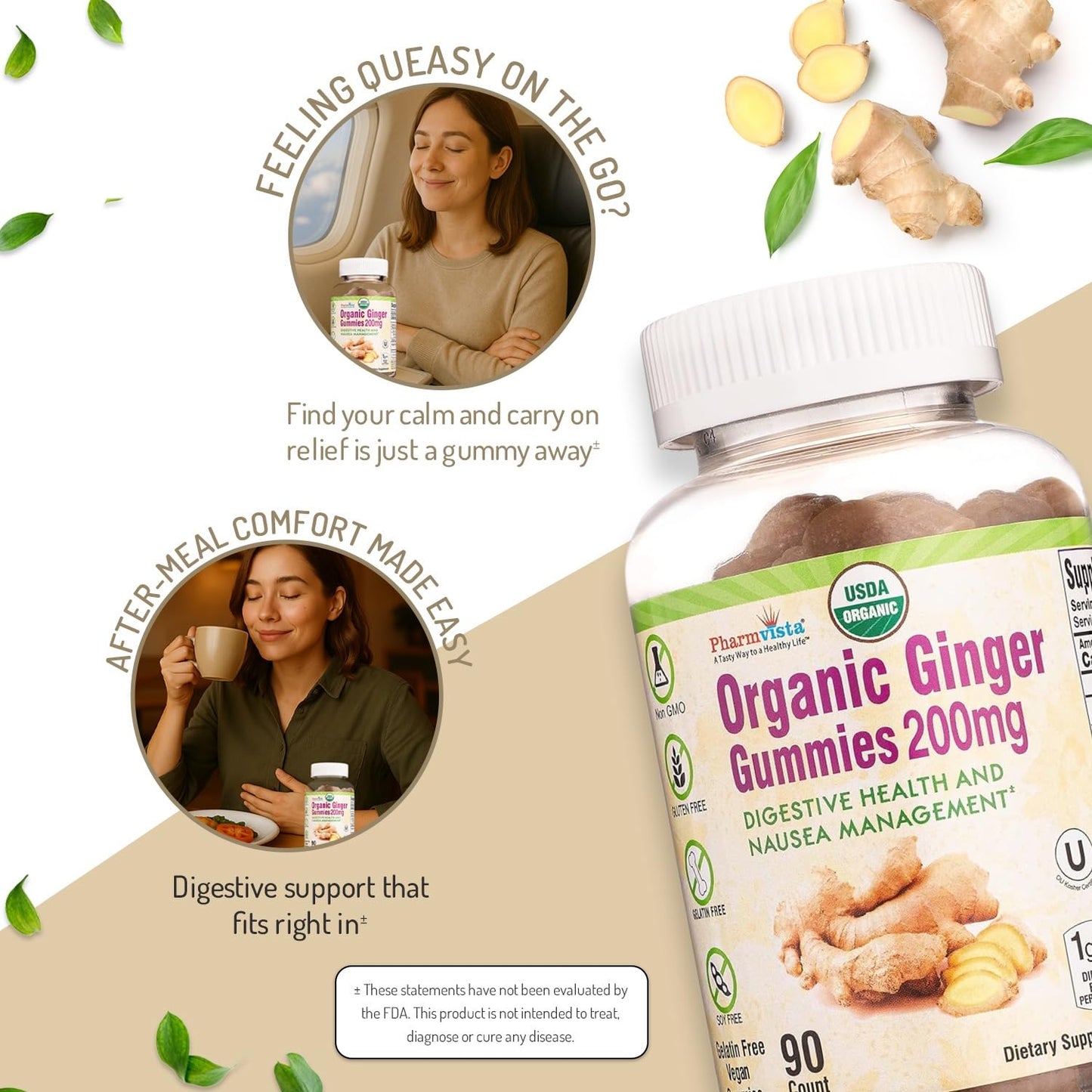 Pharmvista USDA Organic Ginger 200mg Gummies, 90 Count