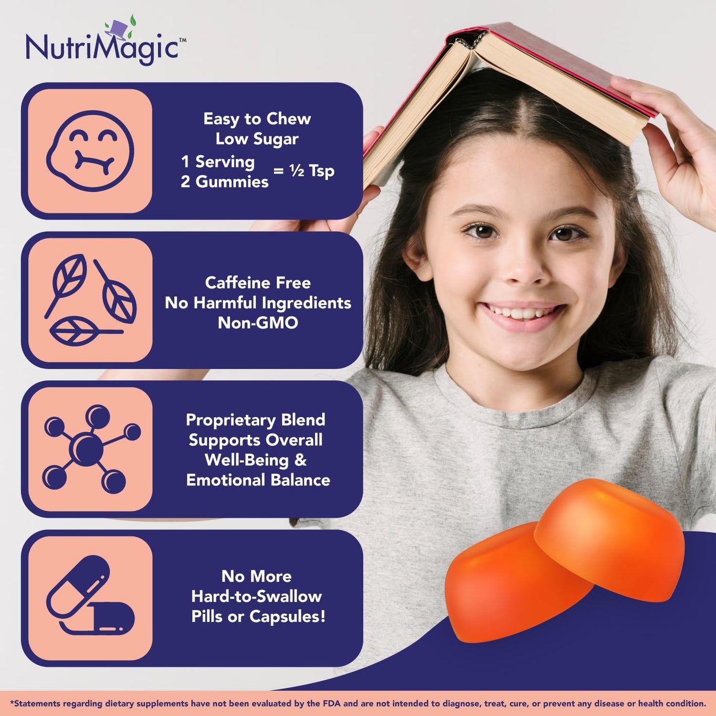 NutriMagic Kids Brain Booster+ Affron Saffron Extract 2IN1 Cognitive Support & Multivitamin D3, B6, B12, Zinc Gummies, 60 Count