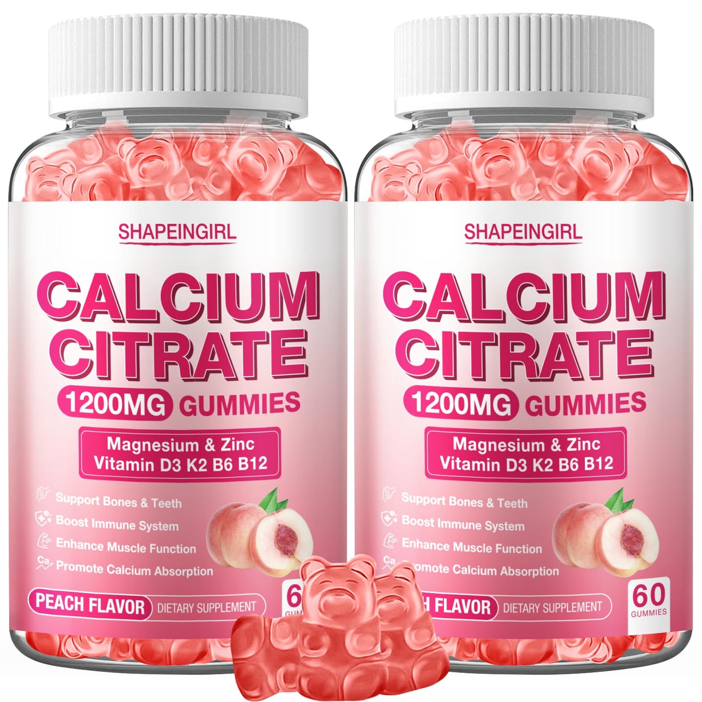 SHAPEINGIRL 1200mg Calcium Citrate with Vitamin D3, K2, B6 & B12, Magnesium & Zinc for Bones, Muscle & Immune Support Gummies, 120