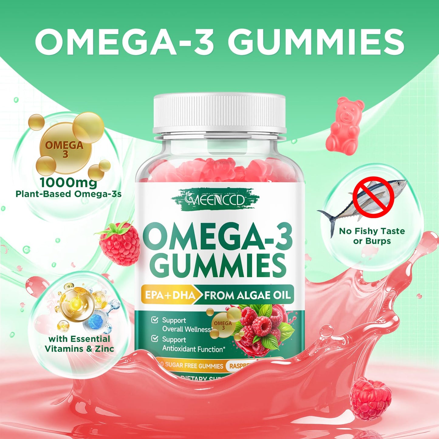MEENCCD Omega-3 Gummies 1000mg (Algae-Based DHA 600mg & EPA 300mg) Raspberry Flavor, 120 Count