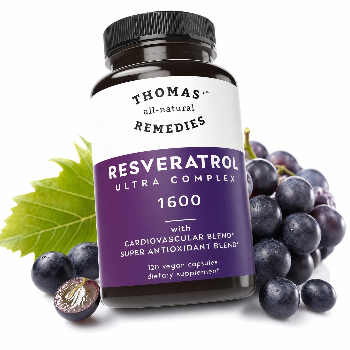 Thomas' all-natural Remedies Resveratrol 1600mg Organic Trans-Resveratrol Antioxidant Supplement with Organic Grape Seed Extract and Quercetin, Anti-Aging and Cardiovascular Support, 120 Capsules