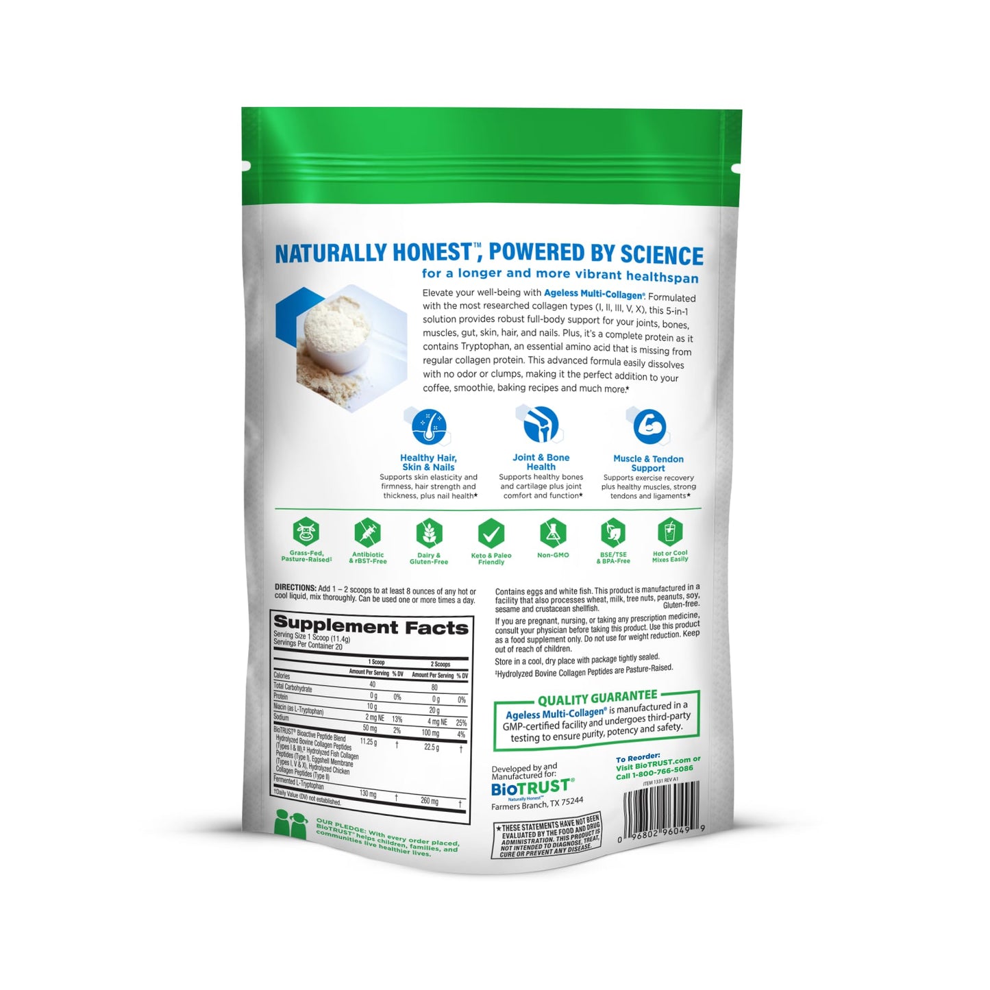 BioTrust Ageless Multi Collagen Peptides Powder, Unflavored, 1.51 lb, 3-Pack
