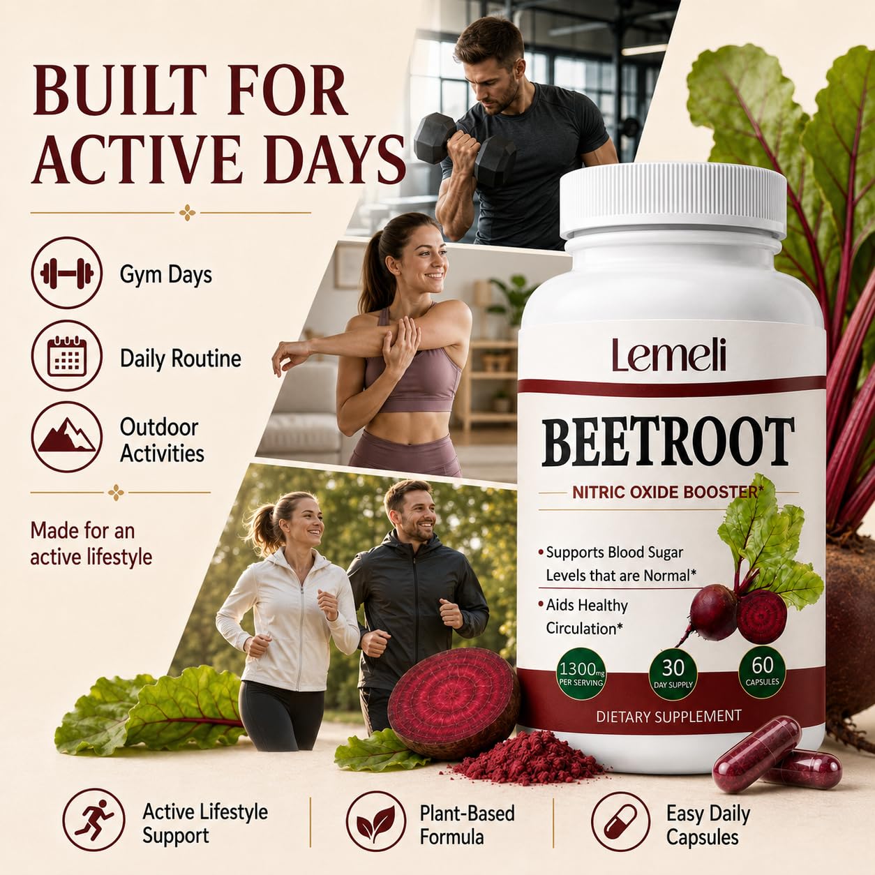 Lence Lemeli Beetroot 1300mg, Nitric Oxide Support Capsules, 60 Capsules