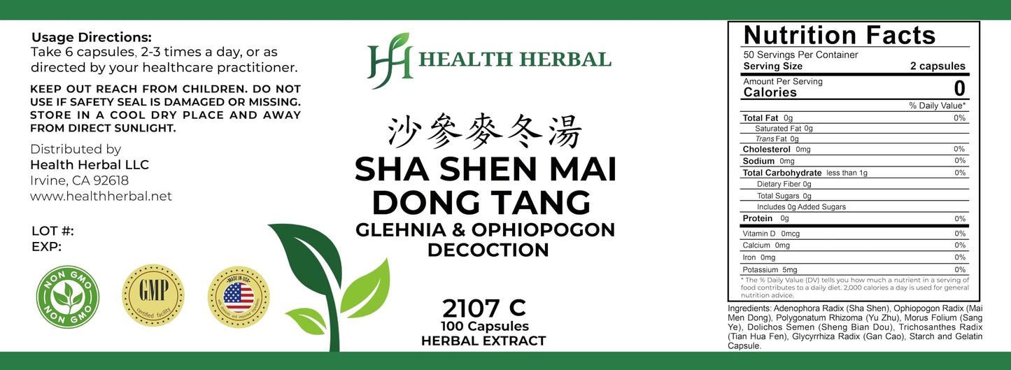 Health Herbal Sha Shen Mai Dong Tang/Glehnia & Ophiopogon Decoction, 100 Capsules