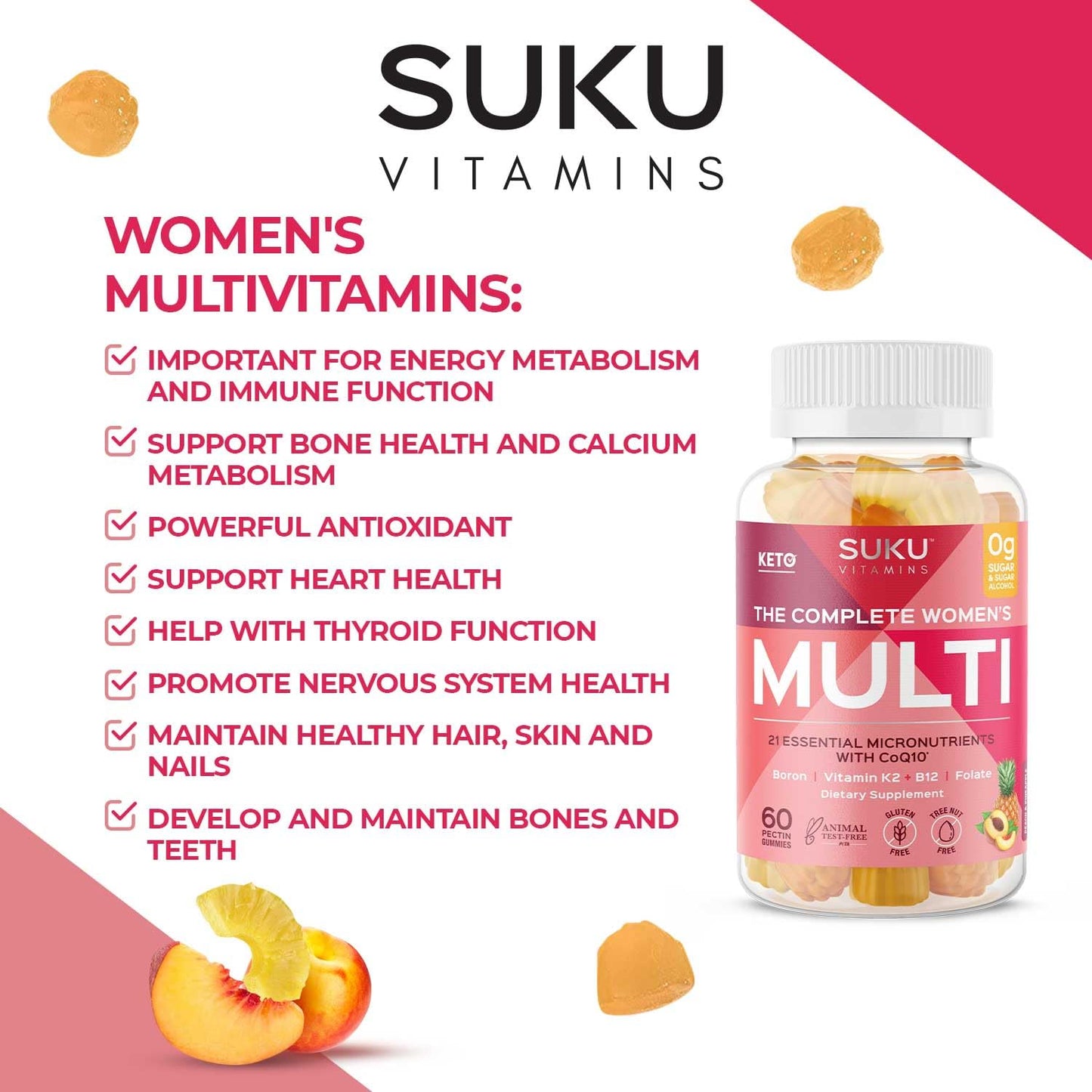 SUKU Complete Women's Multi Gummy Vitamins with Boron, Vitamin K2, B12, A and More - Pineapple & Peach Flavor, Non-GMO, Gluten Free, Sugar Free, 60 Count
