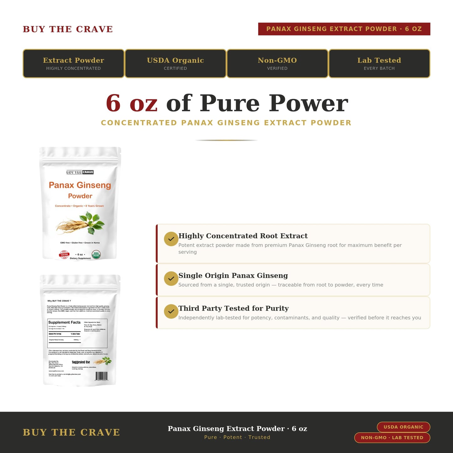 BUY THE CRAVE Organic Korean Panax Ginseng Root Extract Powder, Maximum Strength, with Active Ginsenosides, 6 oz