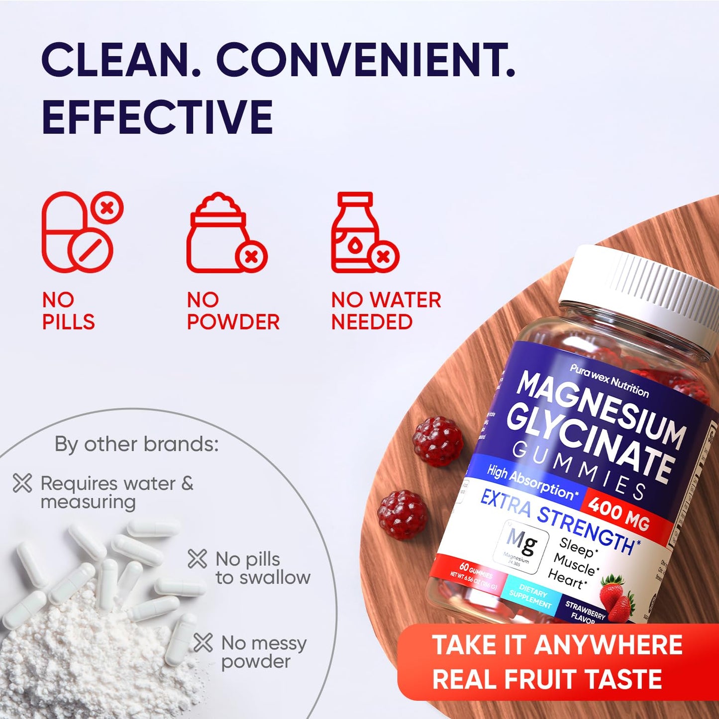 PURA WEX NUTRITION Magnesium Glycinate Gummies 400mg Extra Strength Strawberry - 60 Count