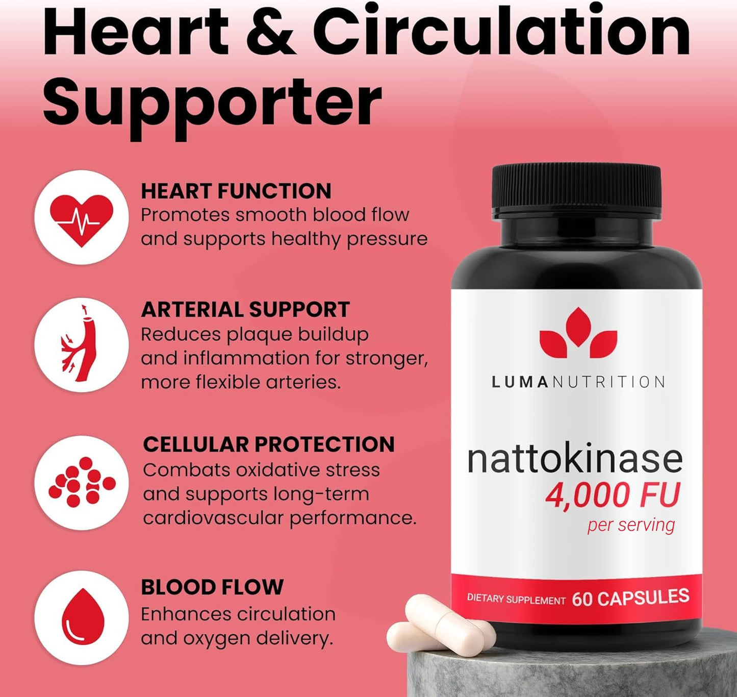 Luma Nutrition Nattokinase Supplement Natto 4000 FU per Serving Capsule, 60 Capsules