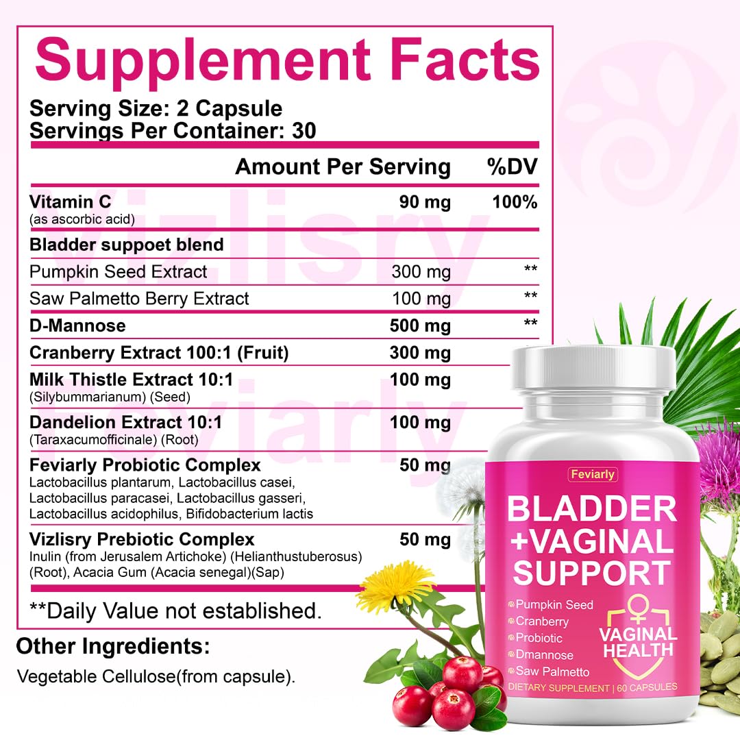 Feviarly Bladder Control Supplement for Women, Daily Urinary & Vaginal Support with Cranberry, Pumpkin Seeds, Probiotics, D-mannose, Saw Palmetto 60 Capsules