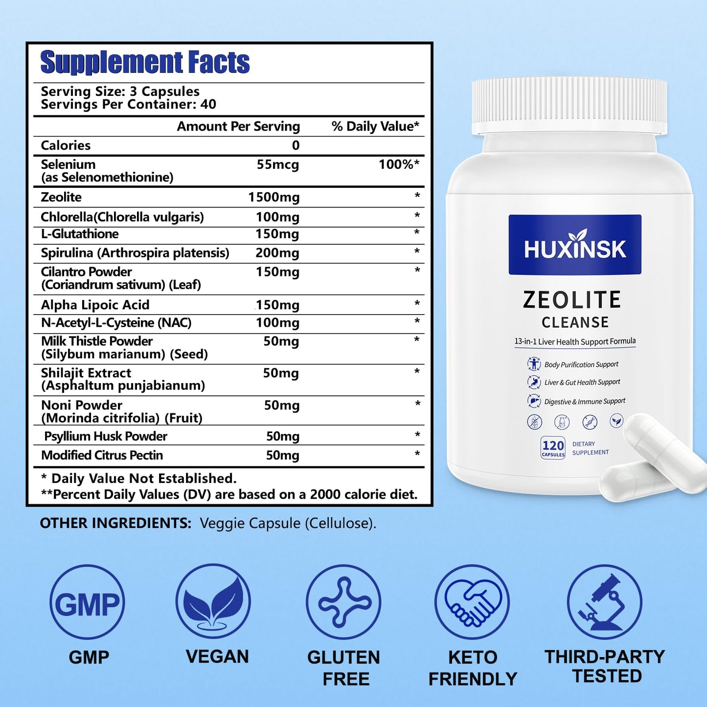 HUXINSK Zeolite Detox Supplement, Liver Cleanse Detox & Repair, Supports Gut Health, Maximum Absorption, NAC, Glutathione, Milk Thistle, Cilantro, Chlorella, Shilajit, Modified Citrus Pectin, Capsules, 120 Count