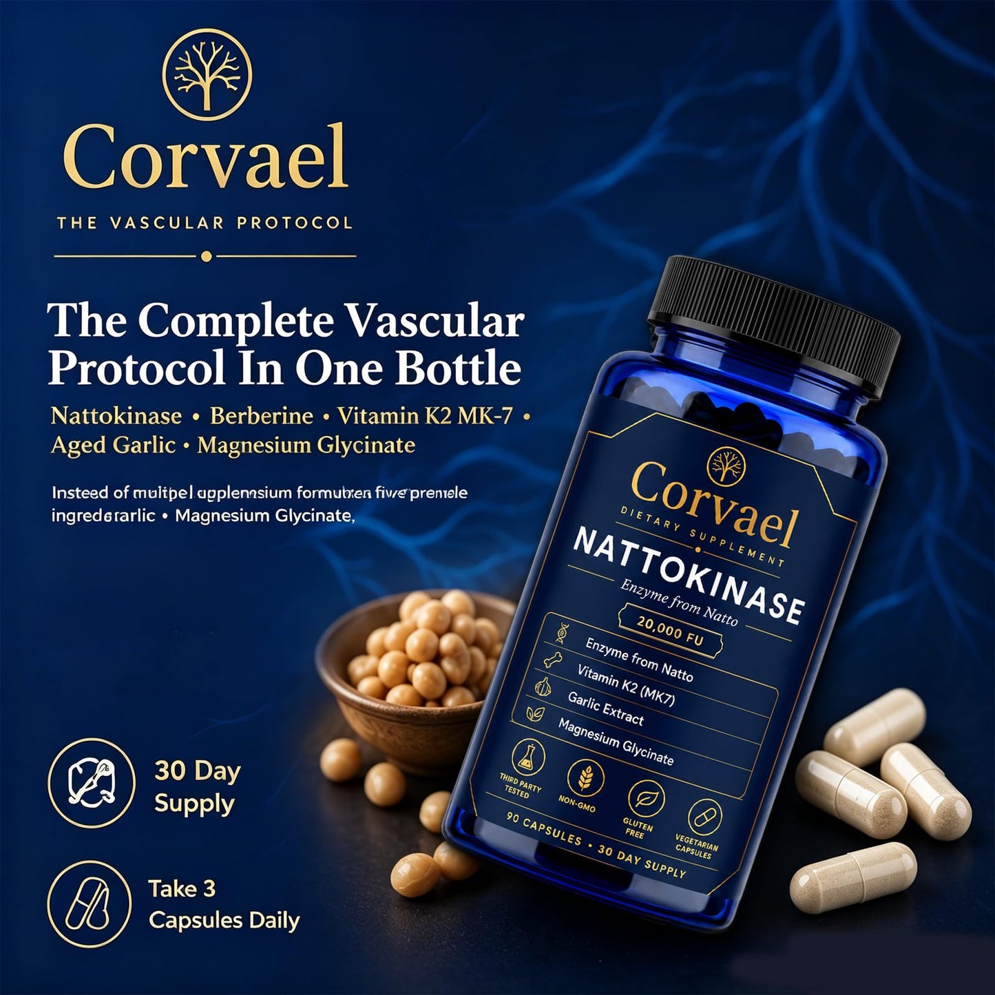 GMDPFHV Corvael Nattokinase Fibrinolytic Complex, Corvael Nattokinase 20000 FU, 91 Capsules