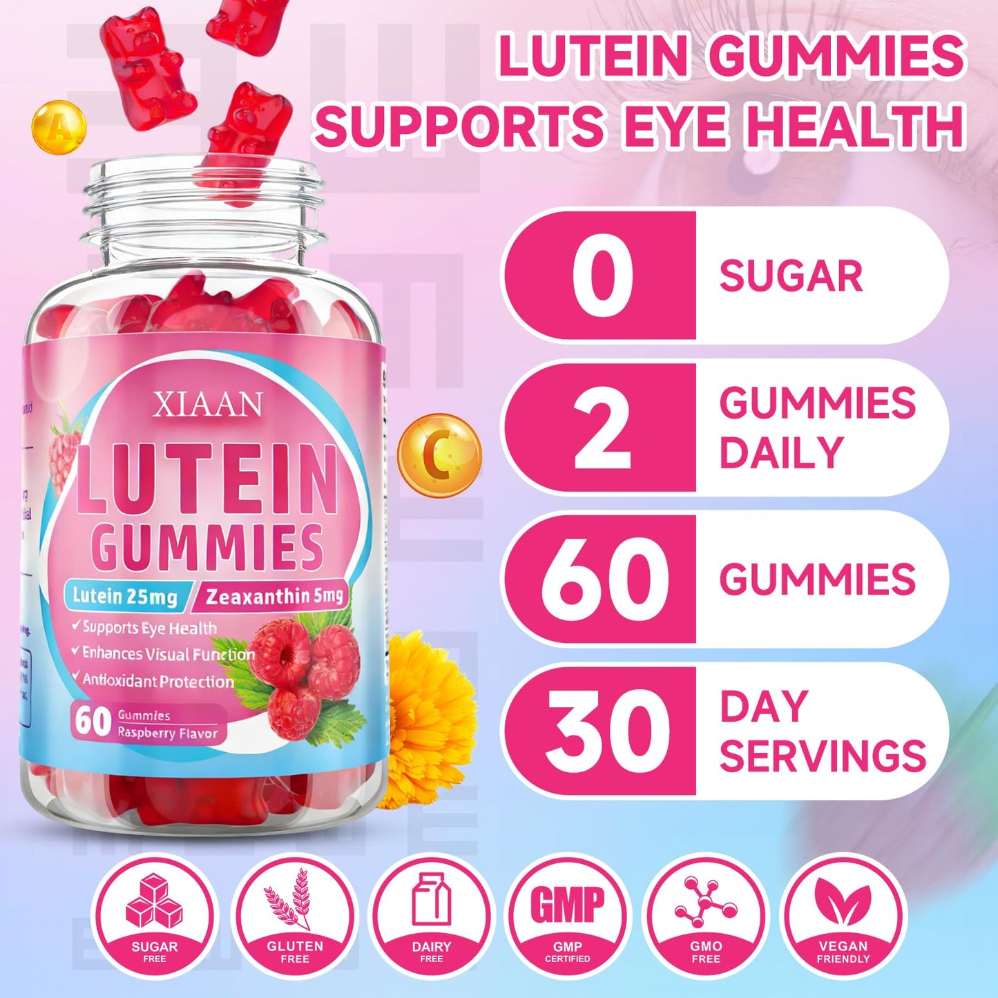 XIAAN Lutein and Zeaxanthin Gummies with Zeaxanthin, Vitamins A, C, E, Bilberry, Astaxanthin for Vision Health - Raspberry Flavor, Sugar-Free/Vegan - 120 Gummies