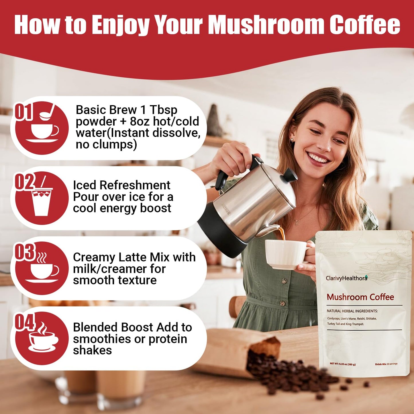 ClarivyHealthora Mushroom Coffee Powder 6.34 Ounce