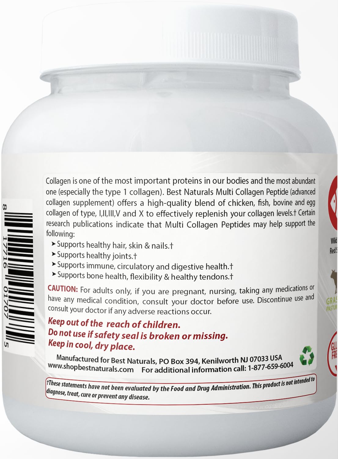 Best Naturals Collagen Peptides Powder Type I, II, III, V & X Unflavored, 1 Pound, 16