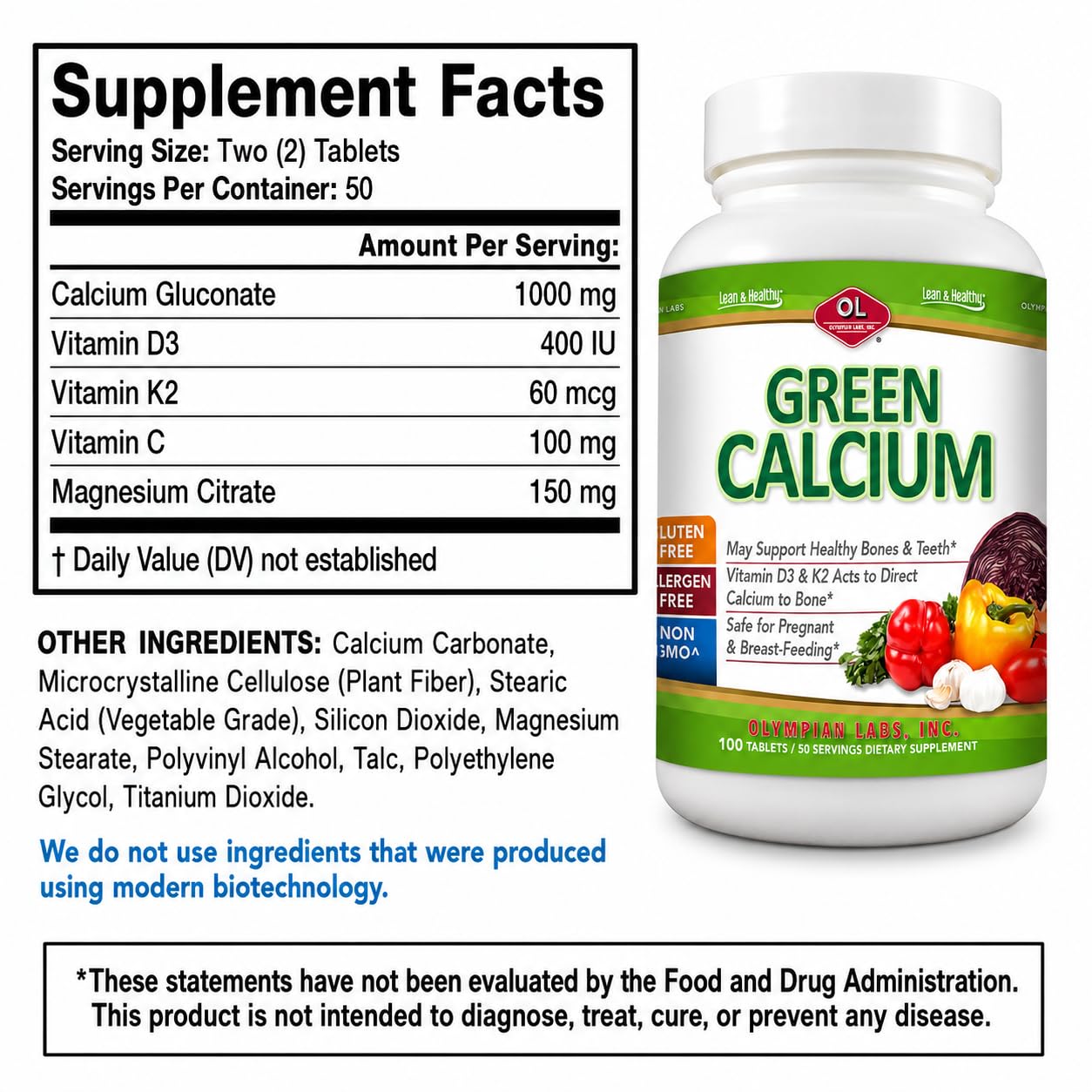 Olympian Labs Calcium Plus Magnesium, Formulated with Vitamin C, K2 & D3, 100 Tablets