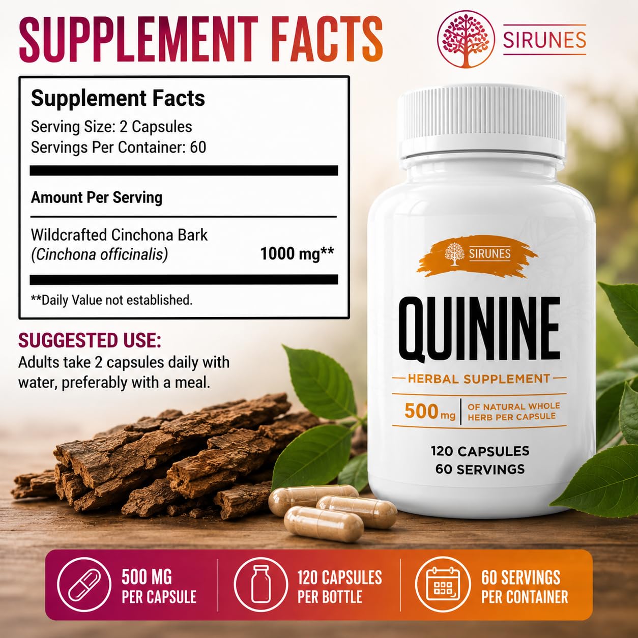SIRUNES Leg Cramps Relief Quinine Capsules – Natural Cinchona Bark Supplement for Cramp Defense & Digestive Health – 500 mg Quinine, 120 Count