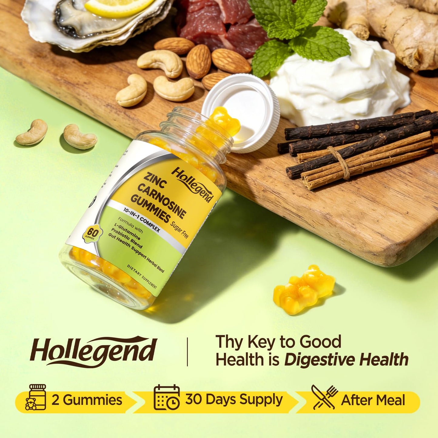 HOLLEGEND Zinc Carnosine 75mg Supplement Gummies 60 Count