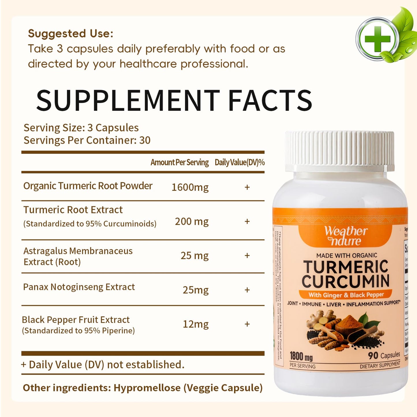 Weatherndure Turmeric Curcumin with BioPerine Immune System Support Standardized to 95% Curcuminoids Enhanced Absorption*, 90 Veg Capsules